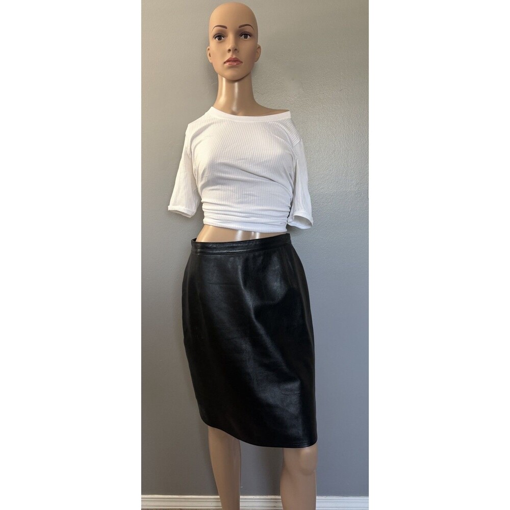 Vintage Anne Klein Genuine Leather Mini Skirt Black Lined Pencil Size 12 USA